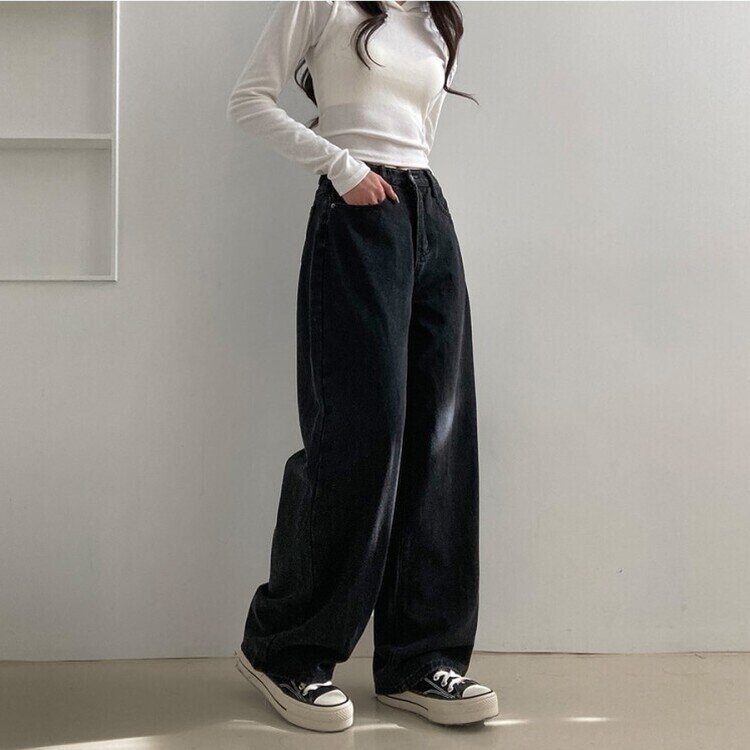 사계절 인생 데님 3기장 빈티지 워싱 하이웨스트 와이드 팬츠 흑청