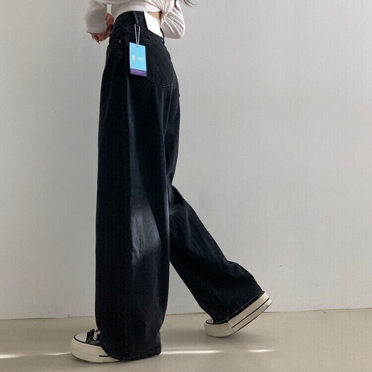 사계절 인생 데님 3기장 빈티지 워싱 하이웨스트 와이드 팬츠 흑청