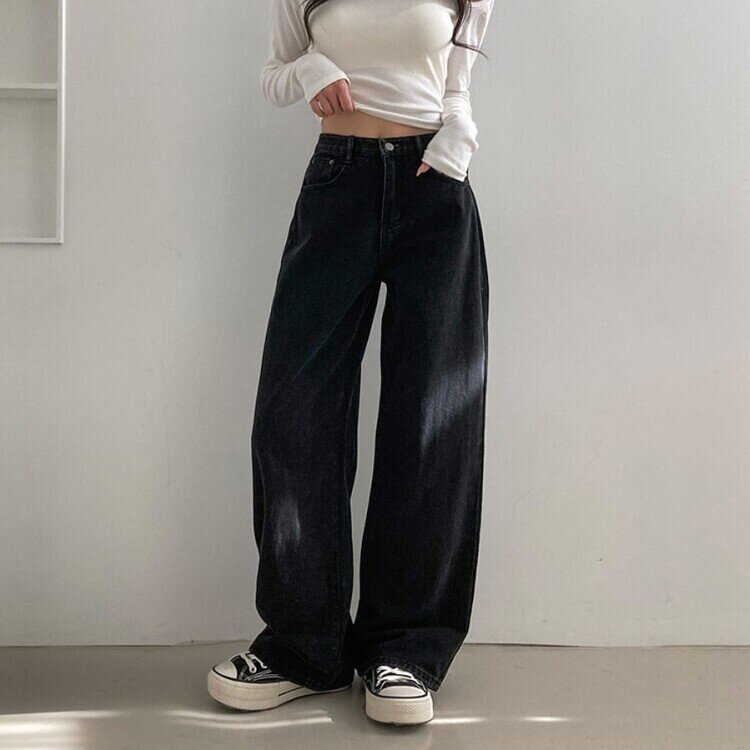 사계절 인생 데님 3기장 빈티지 워싱 하이웨스트 와이드 팬츠 흑청