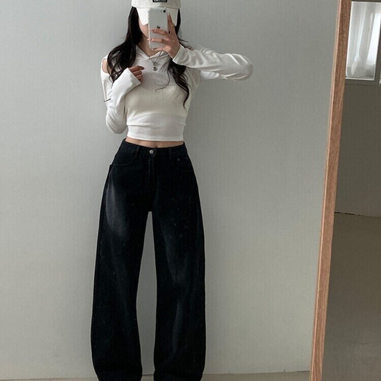 사계절 인생 데님 3기장 빈티지 워싱 하이웨스트 와이드 팬츠 흑청