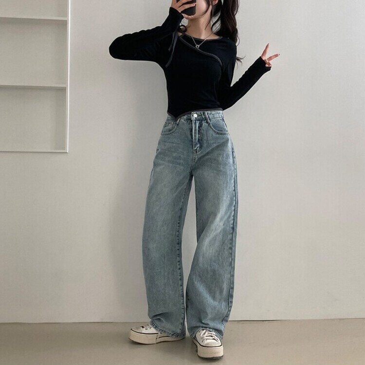 사계절 인생 데님 3기장 빈티지 워싱 하이웨스트 와이드 팬츠 연청