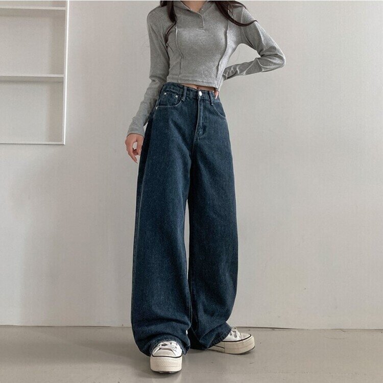 사계절 인생 데님 3기장 빈티지 워싱 하이웨스트 와이드 팬츠 네이비