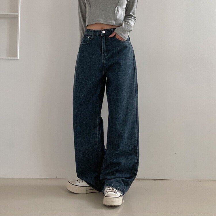 사계절 인생 데님 3기장 빈티지 워싱 하이웨스트 와이드 팬츠 네이비