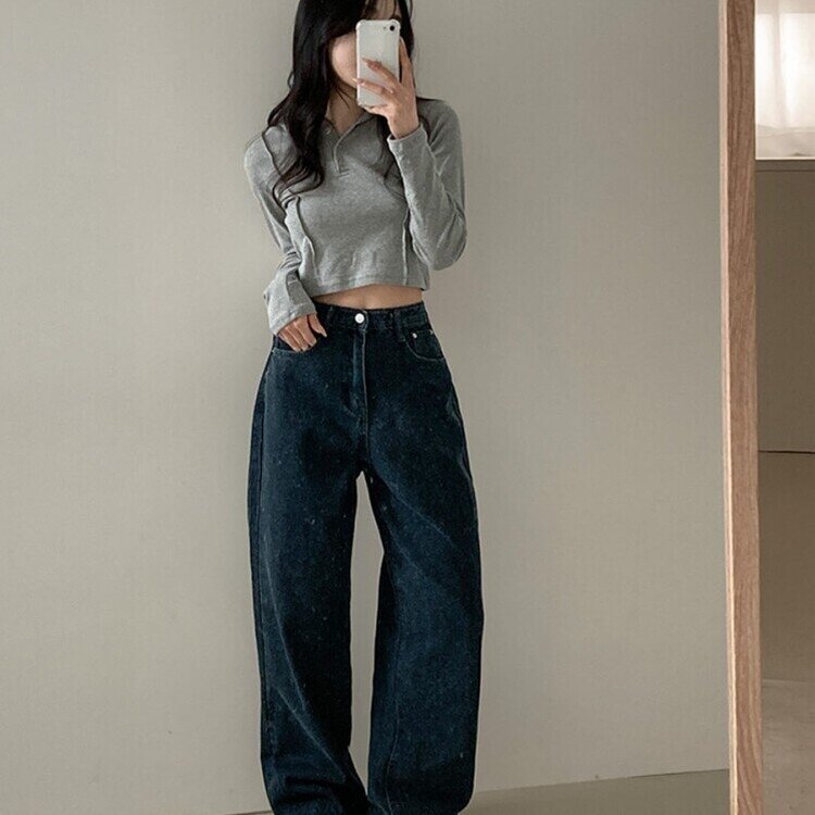 사계절 인생 데님 3기장 빈티지 워싱 하이웨스트 와이드 팬츠 네이비
