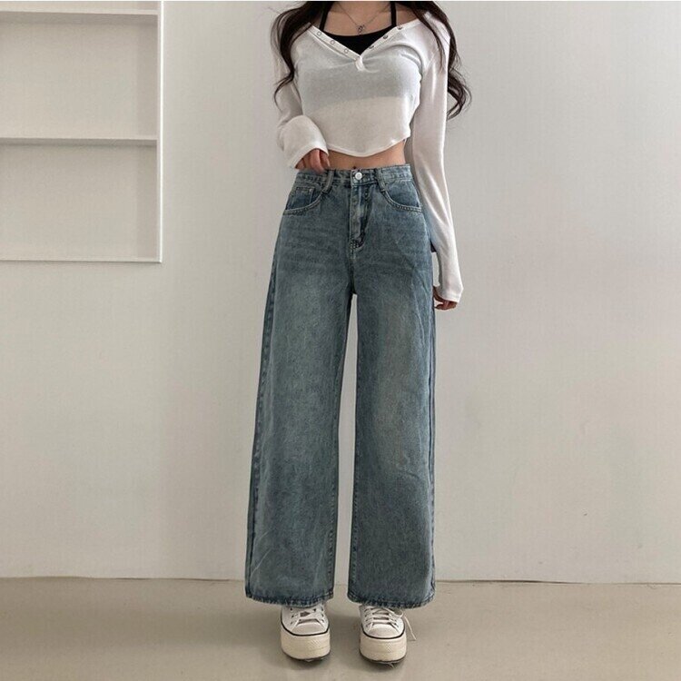 사계절 인생 데님 3기장 빈티지 워싱 하이웨스트 와이드 팬츠 빈티지블루