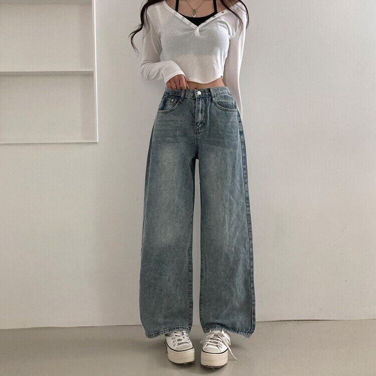 사계절 인생 데님 3기장 빈티지 워싱 하이웨스트 와이드 팬츠 빈티지블루