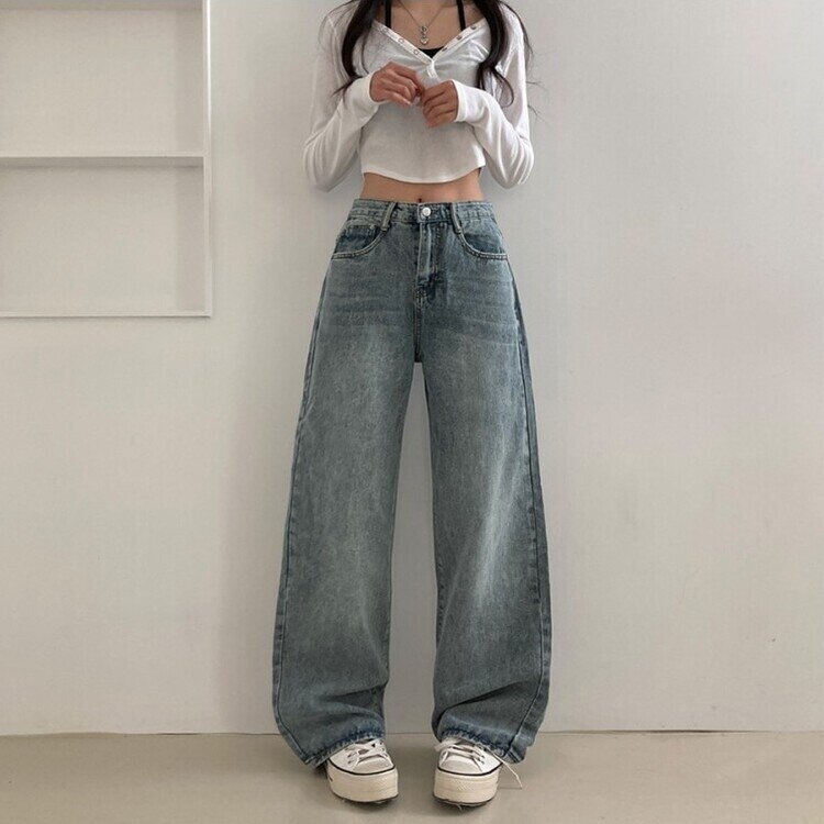 사계절 인생 데님 3기장 빈티지 워싱 하이웨스트 와이드 팬츠 빈티지블루