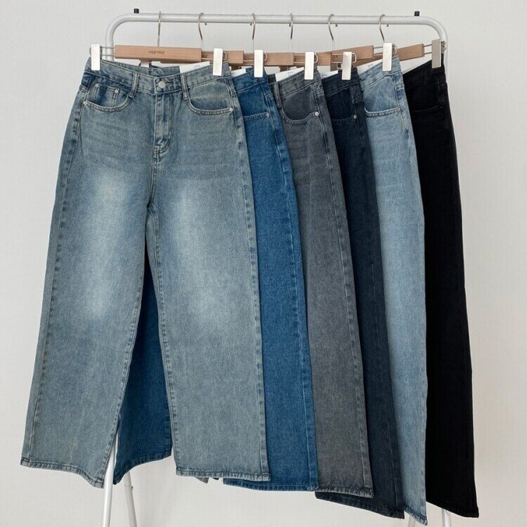 사계절 인생 데님 3기장 빈티지 워싱 하이웨스트 와이드 팬츠