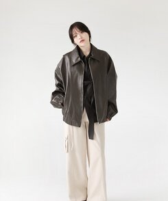 オーバーフィットレザージップアップジャケット｜ジャンパー｜韓国