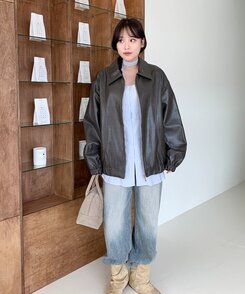 オーバーフィットレザージップアップジャケット｜ジャンパー｜韓国