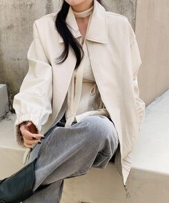 オーバーフィットレザージップアップジャケット｜ジャンパー｜韓国