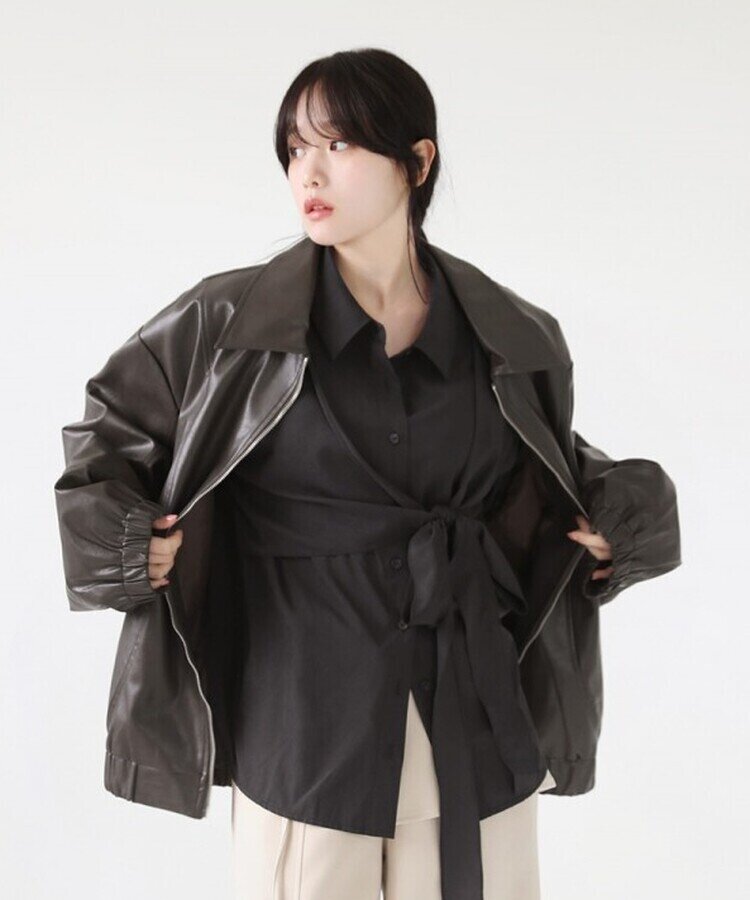 オーバーフィットレザージップアップジャケット｜ジャンパー｜韓国