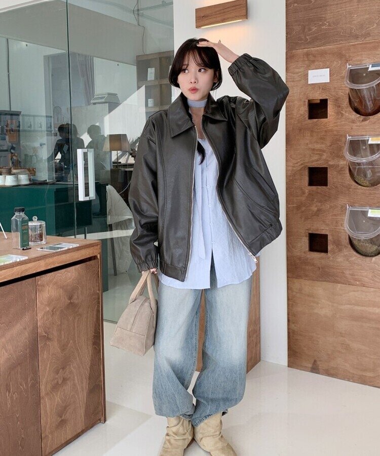 オーバーフィットレザージップアップジャケット｜ジャンパー｜韓国