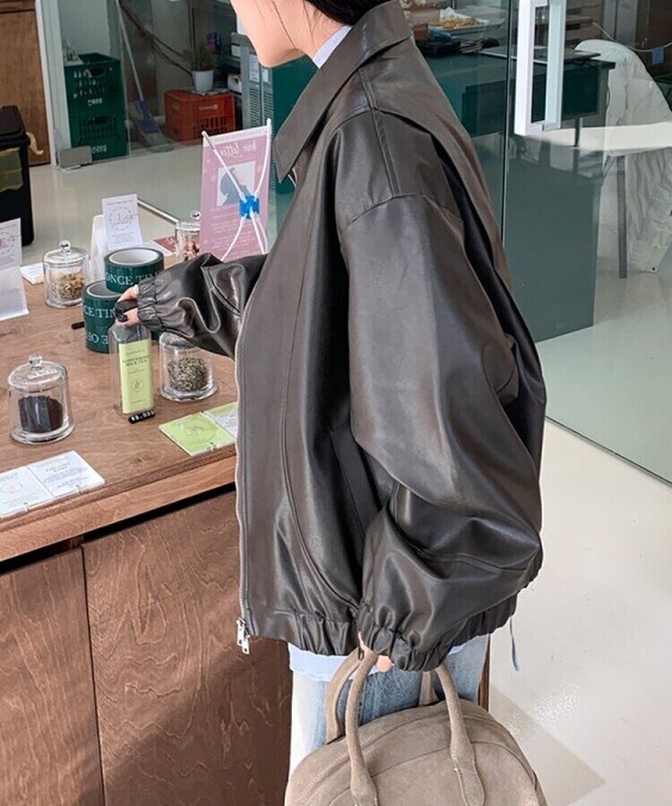 オーバーフィットレザージップアップジャケット｜ジャンパー｜韓国