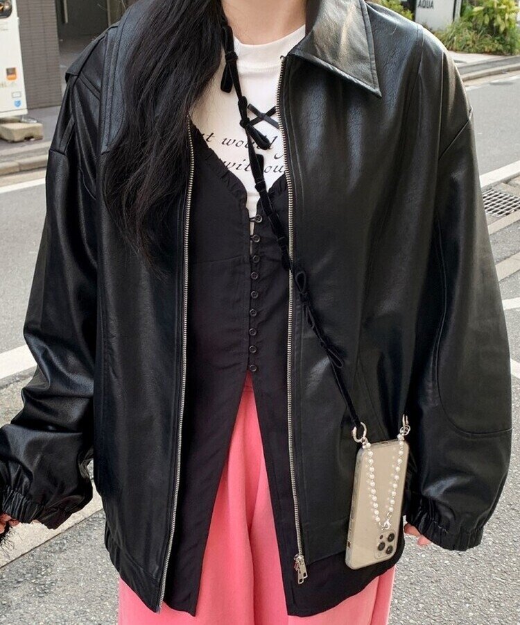 オーバーフィットレザージップアップジャケット｜ジャンパー