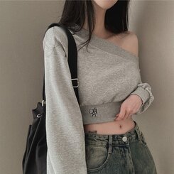 ワンオフショルダー刺繍クロップトレーナー GRAY