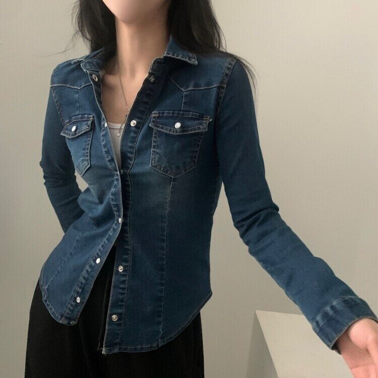 데님라인 슬림 워싱 똑딱이 데님 청자켓셔츠남방 3color 진청