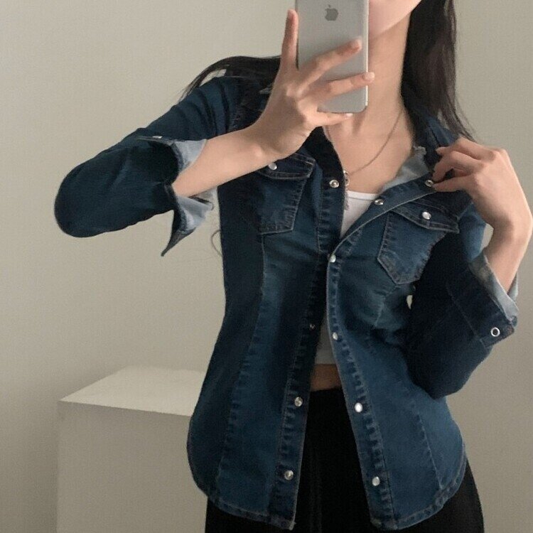 데님라인 슬림 워싱 똑딱이 데님 청자켓셔츠남방 3color 진청