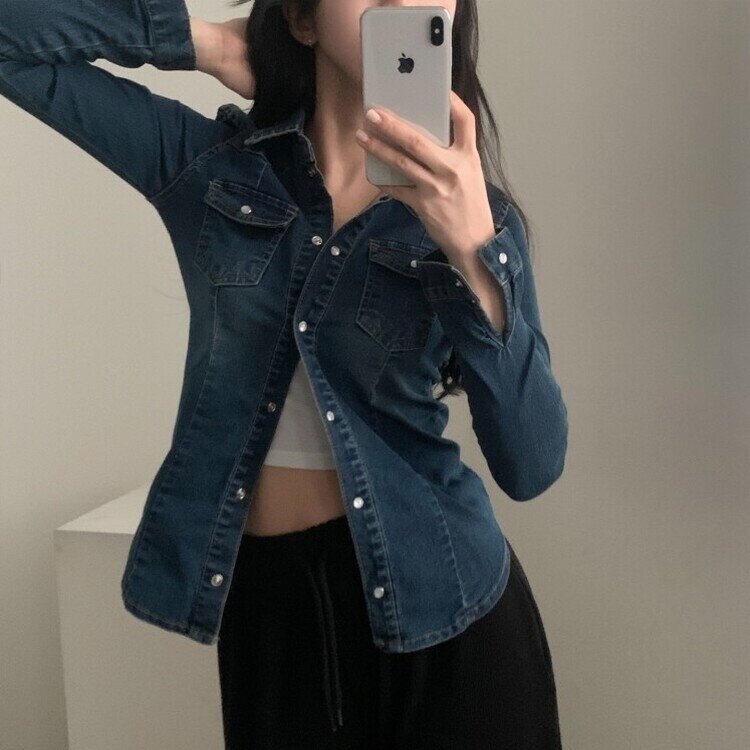 데님라인 슬림 워싱 똑딱이 데님 청자켓셔츠남방 3color 진청