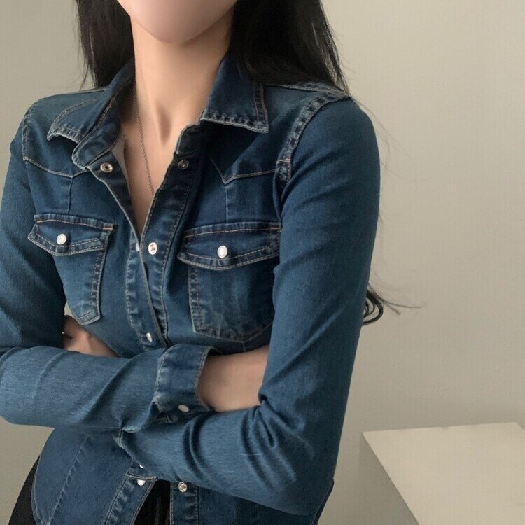 데님라인 슬림 워싱 똑딱이 데님 청자켓셔츠남방 3color 진청