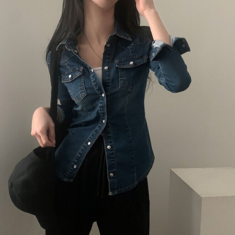 데님라인 슬림 워싱 똑딱이 데님 청자켓셔츠남방 3color 진청