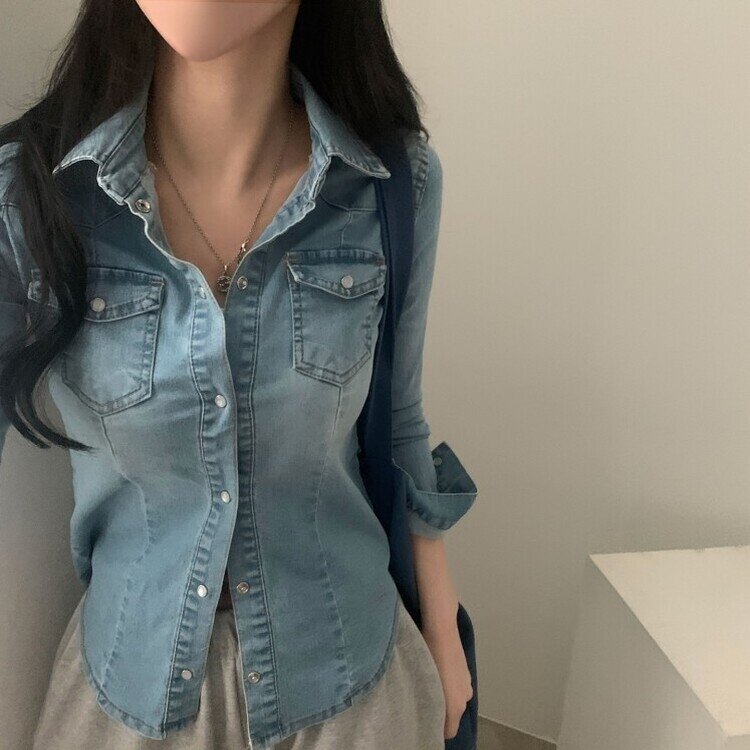 데님라인 슬림 워싱 똑딱이 데님 청자켓셔츠남방 3color 연청