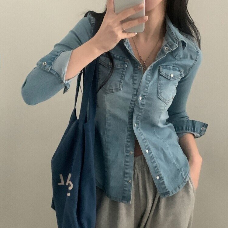 데님라인 슬림 워싱 똑딱이 데님 청자켓셔츠남방 3color 연청