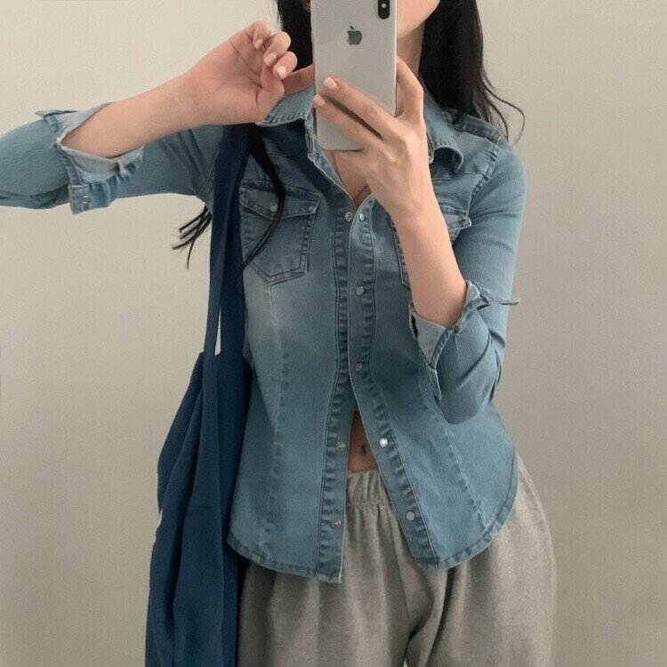 데님라인 슬림 워싱 똑딱이 데님 청자켓셔츠남방 3color 연청