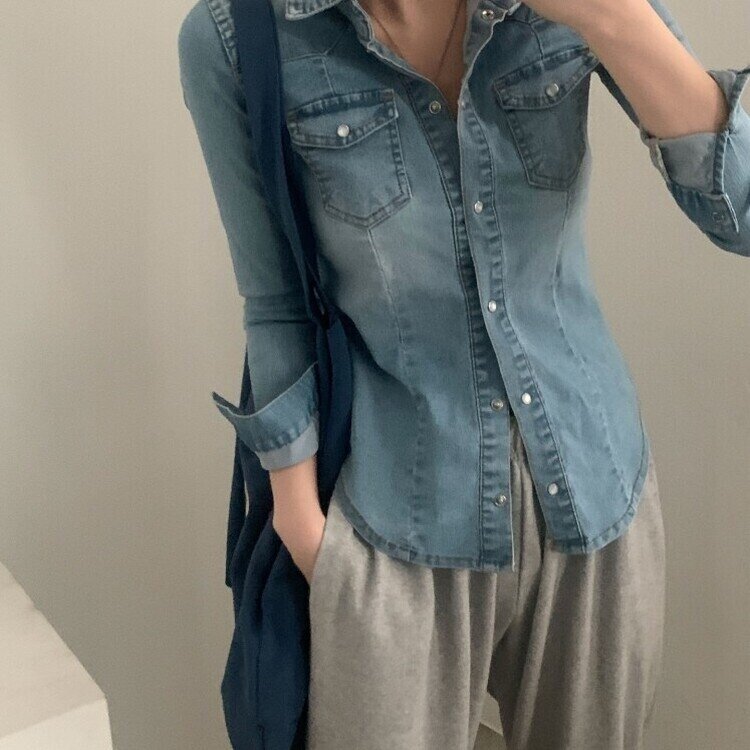 데님라인 슬림 워싱 똑딱이 데님 청자켓셔츠남방 3color 연청