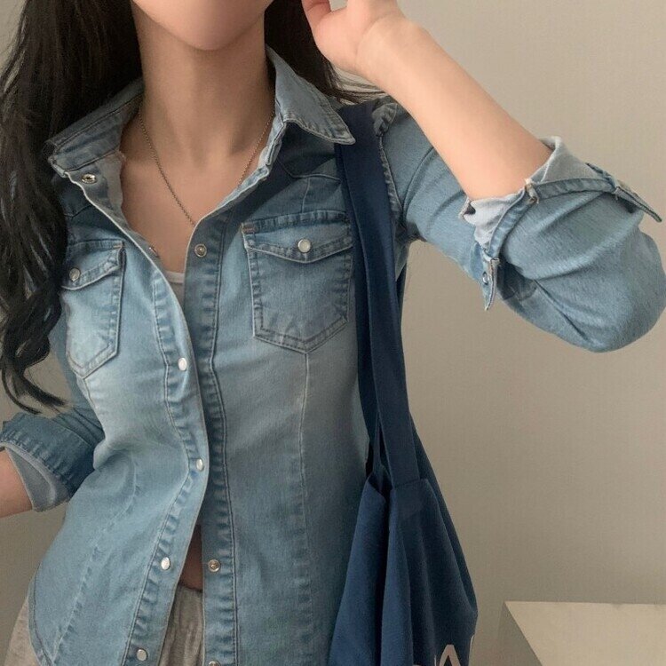데님라인 슬림 워싱 똑딱이 데님 청자켓셔츠남방 3color 연청