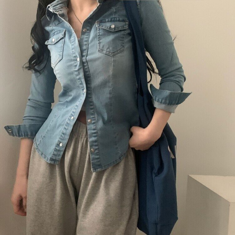 데님라인 슬림 워싱 똑딱이 데님 청자켓셔츠남방 3color 연청