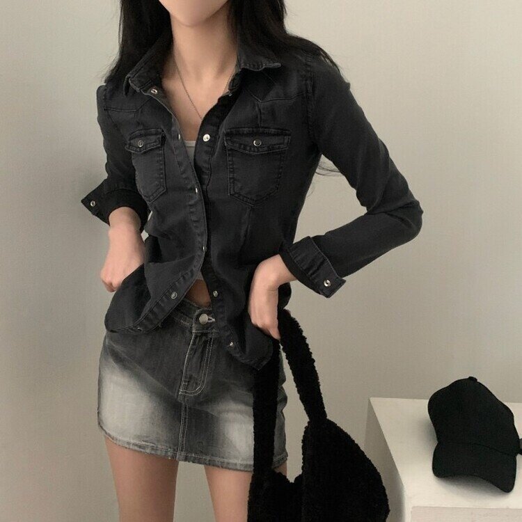 데님라인 슬림 워싱 똑딱이 데님 청자켓셔츠남방 3color 블랙