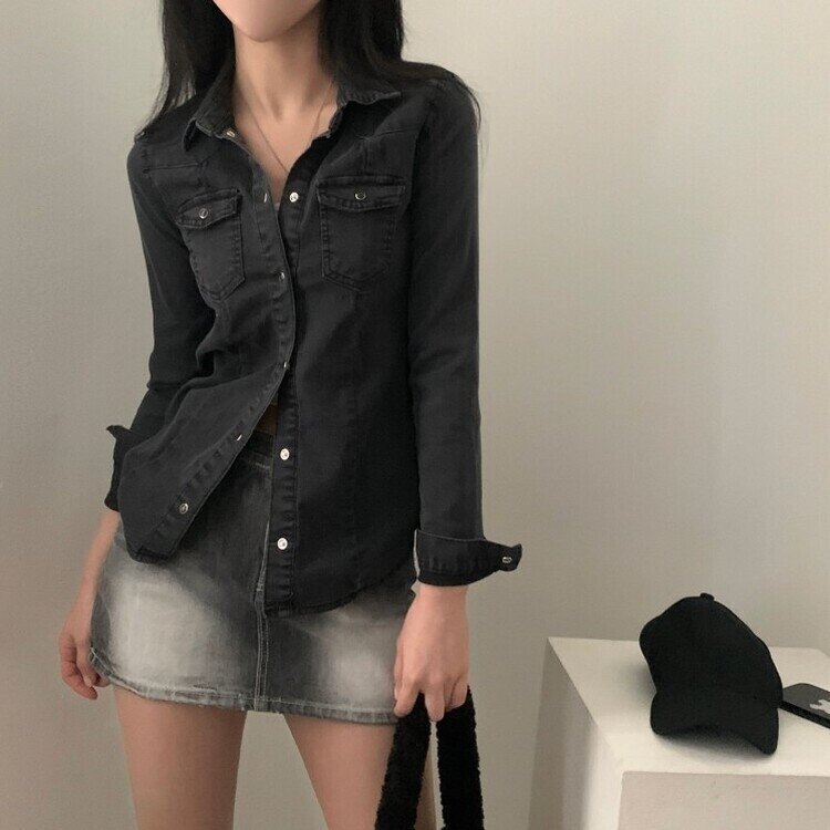 데님라인 슬림 워싱 똑딱이 데님 청자켓셔츠남방 3color 블랙
