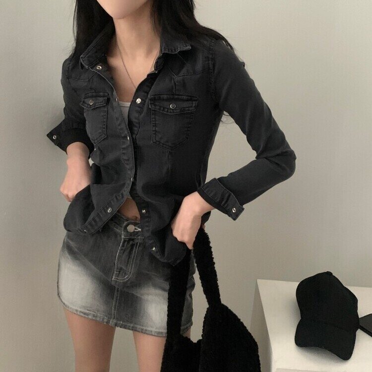 데님라인 슬림 워싱 똑딱이 데님 청자켓셔츠남방 3color 블랙