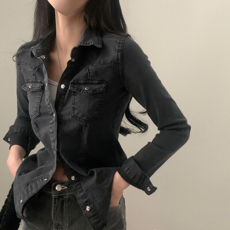 데님라인 슬림 워싱 똑딱이 데님 청자켓셔츠남방 3color 블랙