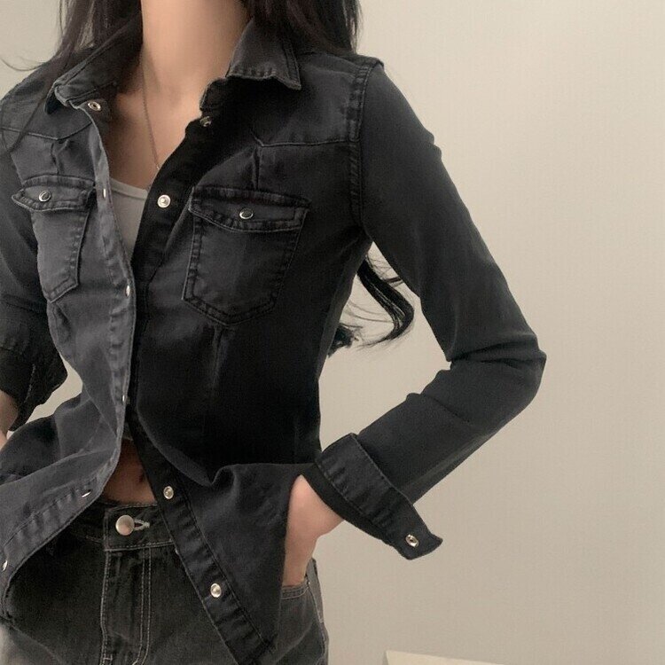 데님라인 슬림 워싱 똑딱이 데님 청자켓셔츠남방 3color 블랙