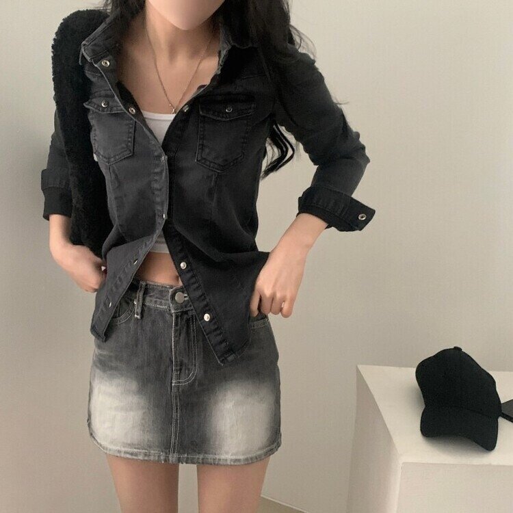 데님라인 슬림 워싱 똑딱이 데님 청자켓셔츠남방 3color 블랙