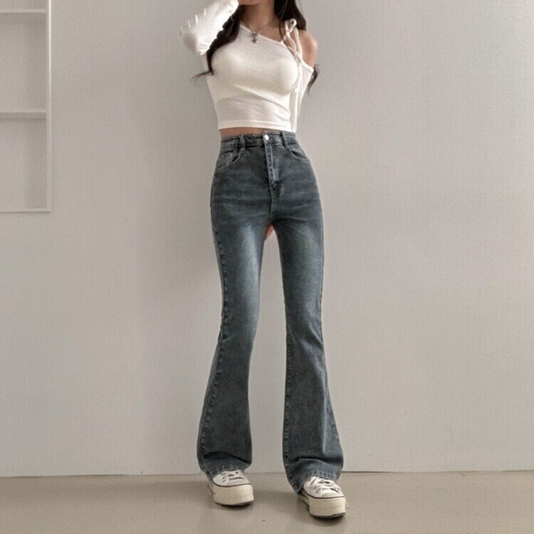 3기장 선택 드로우 하이웨스트 빈티지 스톤 워싱 부츠컷 데님 팬츠 그레이