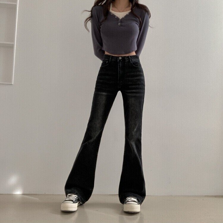 3기장 선택 드로우 하이웨스트 빈티지 스톤 워싱 부츠컷 데님 팬츠 흑청
