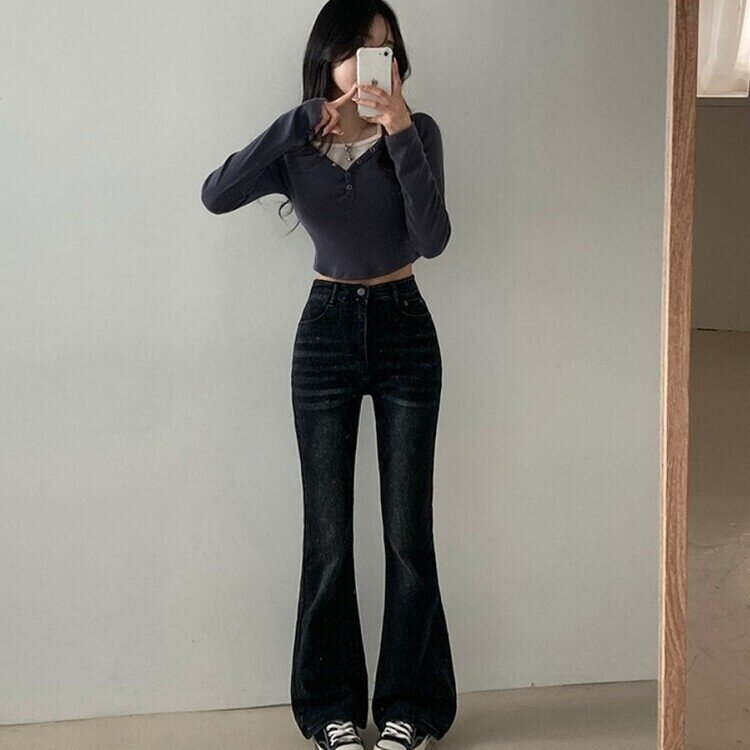 3기장 선택 드로우 하이웨스트 빈티지 스톤 워싱 부츠컷 데님 팬츠 흑청