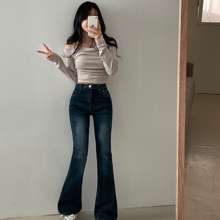 3기장 선택 드로우 하이웨스트 빈티지 스톤 워싱 부츠컷 데님 팬츠 진청