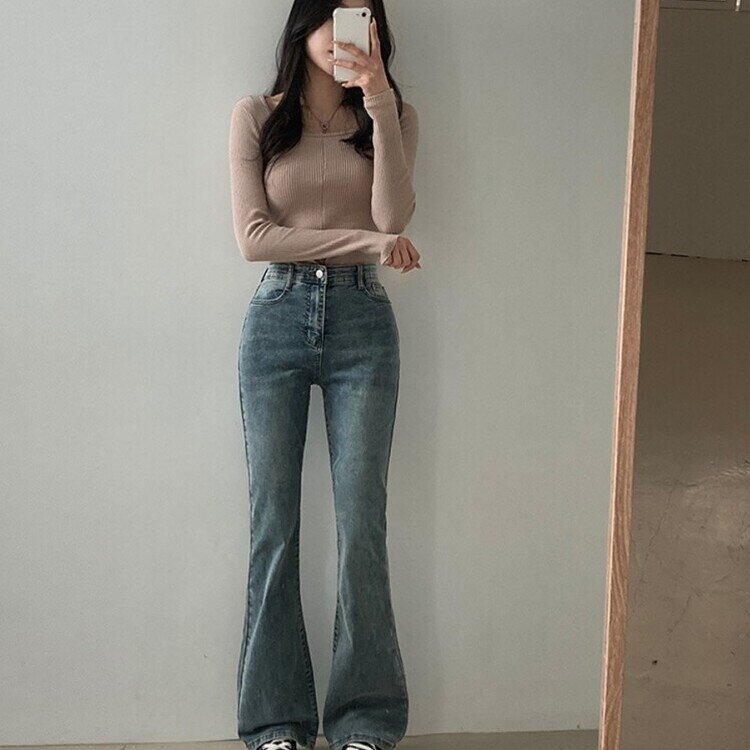 3기장 선택 드로우 하이웨스트 빈티지 스톤 워싱 부츠컷 데님 팬츠 빈티지블루