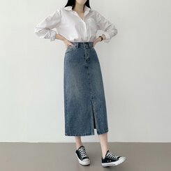 ウォッシングスリットデニムスカート DARK DENIM