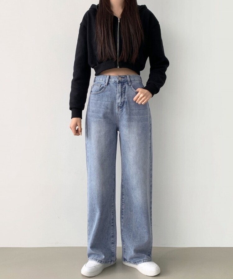 스트레이트 세미 와이드 데일리 데님팬츠 연청