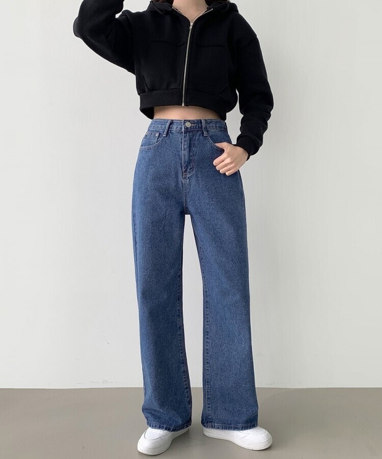 스트레이트 세미 와이드 데일리 데님팬츠 중청
