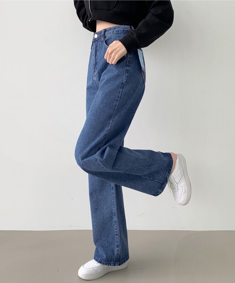 스트레이트 세미 와이드 데일리 데님팬츠 중청