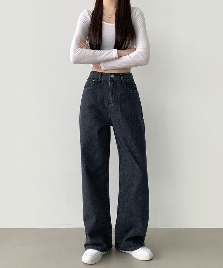스트레이트 세미 와이드 데일리 데님팬츠 네이비