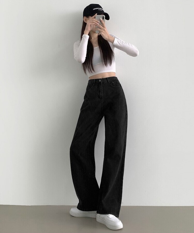 스트레이트 세미 와이드 데일리 데님팬츠 흑청