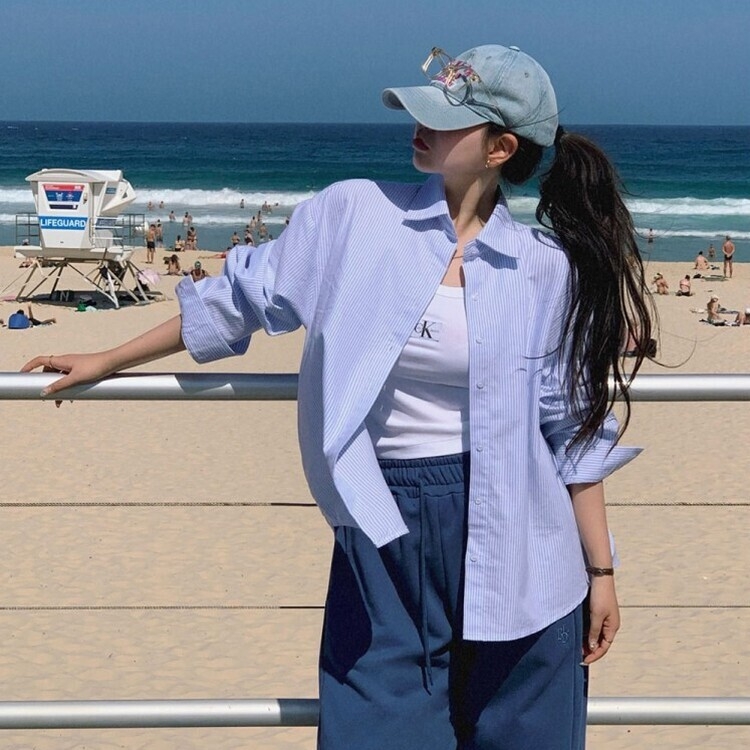 オーバーフィットストライプシャツ AQUA