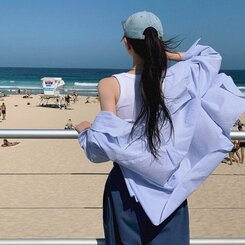 オーバーフィットストライプシャツ AQUA